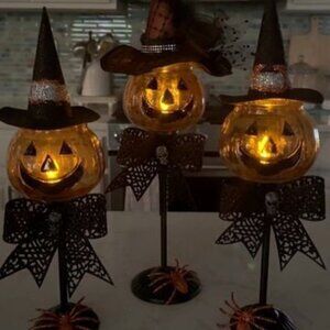 HOME MADE SET OF 3 JACK-O-LANTERN CANDLE DECOR
